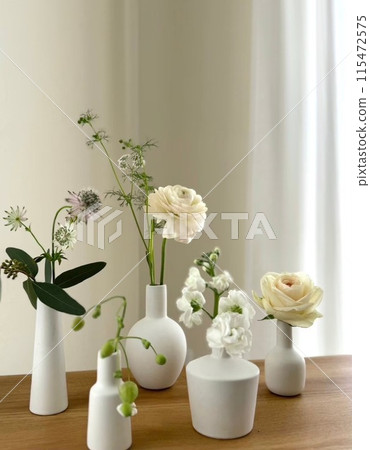 Green flowers arranged in a white vase Green flowers arranged in a white vase 115472575