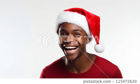 Joyful African American Guy in Santa Hat for Christmas Portrait. Generative ai 115472620