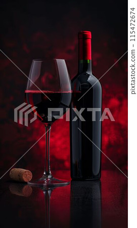 Red Wine Bottle and Glass on Black Background. Generative ai 115472674