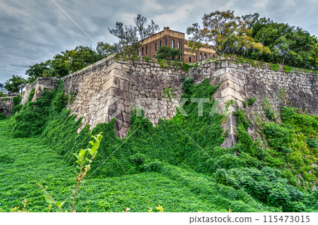 Osaka Castle is a landmark of Osaka City. The ivy growing from the moat on the stone walls is a fantastic sight. 115473015
