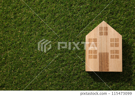 Wooden house on the grass, smart construction concept. Wooden house on the grass, smart construction concept. 115473099