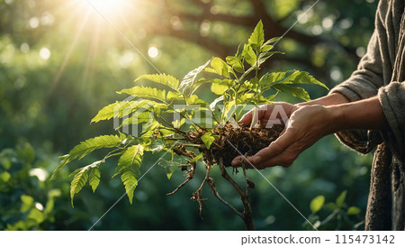 A hand holds a green plant tree in the rays of the sun. Ecology and farming concept A hand holds a green plant tree in the rays of the sun. Ecology and farming concept 115473142