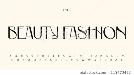 Beauty fashion font, elegant feminine alphabet, naive refined letters with tail for sophisticated headline, wedding card, exquisite logo, restaurant menu lettering, art nouveau style. Vector typeset 115473452