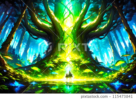 Fantasy glowing giant trees and magical forest Fantasy glowing giant trees and magical forest 115473841