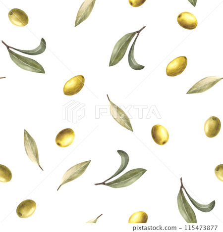 Olive fruits, berries with green leaves seamless pattern. Watercolor hand drawn botanical food illustration. Nature clipart for cosmetic label packing, fabric, wallpaper print on isolated background. 115473877