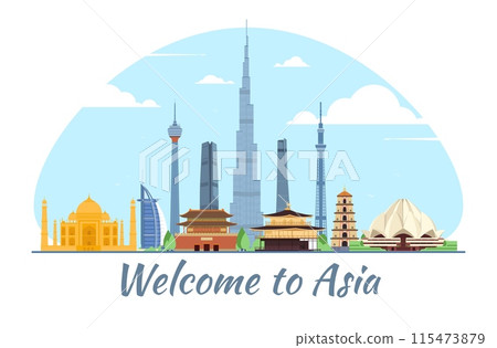 Asian famous landmarks. Skyline skyscrapers and ancient palaces. Architectural heritage objects. Travel to China or India. City panorama. National sightseeing. Vector tourism concept 115473879