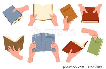 Hands holding books. Male arms with literature. Woman giving textbooks. Reading novel. School education. Publishing products. School education. Different positions. Library vector set 115473893