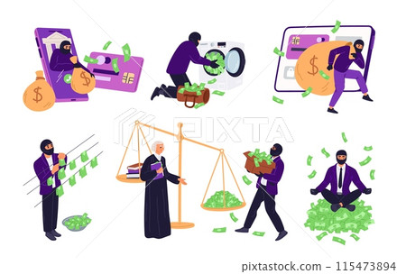 Illegal profit. Money laundering. Criminal activity. Breaking law. Economic corruption. Theft from mobile banking credit card. Bribery and theft. Dirty banknotes. Garish vector set 115473894