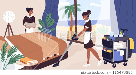 Maids cleaning hotel room. Women in uniform vacuuming. Hostel housekeeper laying out towels. Staff characters made up bed. Chambermaids work. Guesthouse service. Garish vector concept Maids cleaning hotel room. Women in uniform vacuuming. Hostel housekeeper laying out towels. Staff characters made up bed. Chambermaids work. Guesthouse service. Garish vector concept 115473895