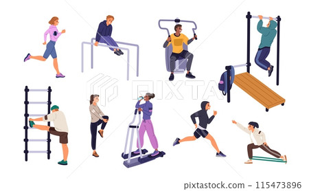 People do sports. Street fitness equipment and turnstiles. Athletes doing exercises. City workout. Persons training. Man on treadmill. Woman running. Squat and stretching. Garish vector set 115473896