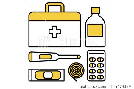 Disaster prevention supplies, first aid supplies set simple line icon 115474359