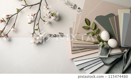 Spring Blossoms and Pastel Swatches on Textured Background 115474480