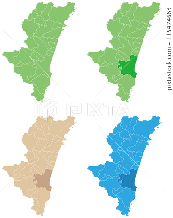 可分割的宮崎縣地圖顏色編碼集 可分割的宮崎縣地圖顏色編碼集 115474663
