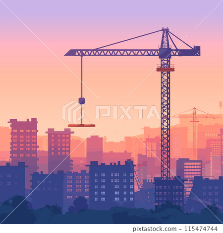 Construction crane on a construction site against the background of buildings under construction. Construction crane on a construction site against the background of buildings under construction. 115474744
