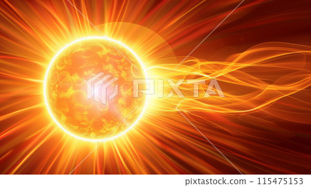 Solar Energy and Ultraviolet Rays. Abstract Sun with Radiant Waves on Red Background 115475153
