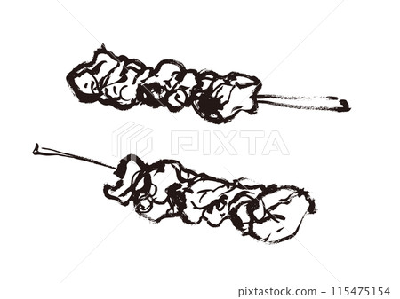 手繪日式毛筆插畫兩件烤雞肉串，黑白，單色，單色，線條畫 115475154