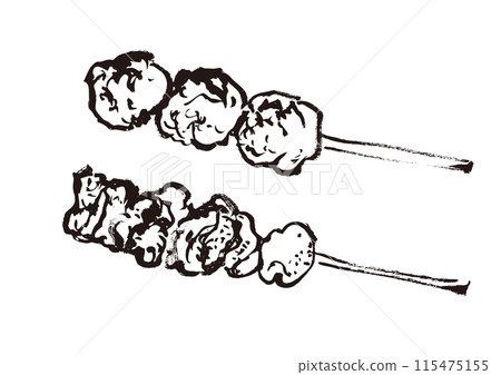 Hand-drawn Japanese-style brush-drawn illustration of two yakitori skewers Black and white, monochrome, single color, line drawing Hand-drawn Japanese-style brush-drawn illustration of two yakitori skewers Black and white, monochrome, single color, line drawing 115475155