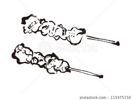 手繪日式毛筆插畫兩件烤雞肉串，黑白，單色，單色，線條畫 115475156