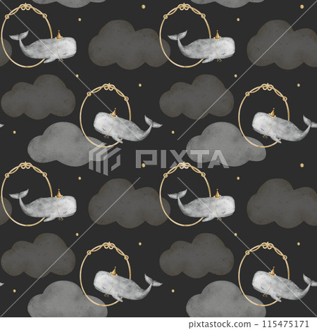 Seamless pattern sperm whale, cachalot in vintage frames flying in the clouds. Watercolor children's illustrations for textiles, fabrics, packaging, cards, posters 115475171