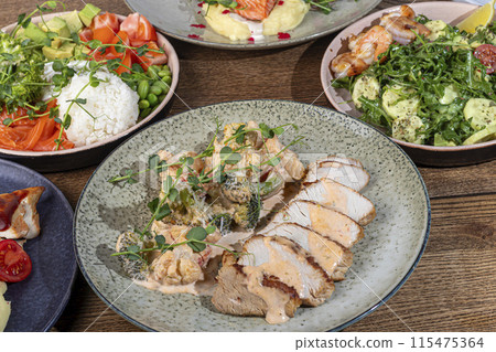Food dishes for the menu Salads and appetizers,main courses and meat side dishes Food dishes for the menu Salads and appetizers,main courses and meat side dishes 115475364