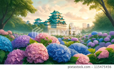 Beautiful blooming hydrangeas and Nagoya Castle 115475456