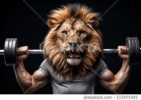 Portrait of a tiger in the gym with a barbell 115475485