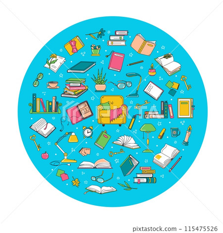 Objects on reading topic in round composition 115475526