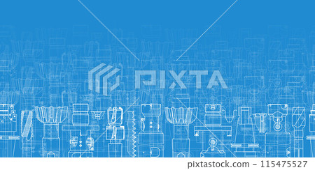 Mechanical engineering drawings on blue background. Tap tools, borer. Technical Design. Cover. Blueprint. Seamless pattern. Vector illustration. Mechanical engineering drawings on blue background. Tap tools, borer. Technical Design. Cover. Blueprint. Seamless pattern. Vector illustration. 115475527