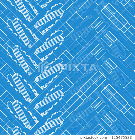 Mechanical engineering drawings on blue background. Tap tools, borer. Technical Design. Cover. Blueprint. Seamless pattern. Vector illustration. Mechanical engineering drawings on blue background. Tap tools, borer. Technical Design. Cover. Blueprint. Seamless pattern. Vector illustration. 115475528