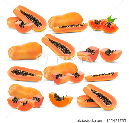 Slices of sweet papaya isolated on white background Slices of sweet papaya isolated on white background 115475765