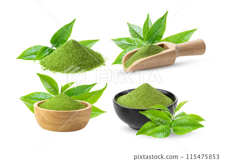 Instant matcha green tea with leaf on white background Instant matcha green tea with leaf on white background 115475853