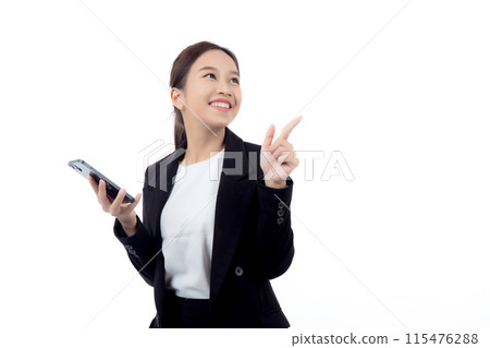 Portrait young asian businesswoman in suit gesture surprised while looking smartphone. Portrait young asian businesswoman in suit gesture surprised while looking smartphone. 115476288