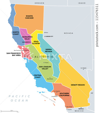 California, major regions, political map. State in the Western United States with capital Sacramento, lying on the Pacific Coast. Valleys, coast regions, San Francisco Bay Area and the desert region. 115476311