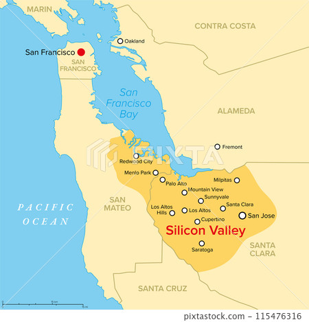 Silicon Valley, a region in Northern California, political map. Global center for high technology and innovation in the United States, located in the southern part of the San Francisco Bay Area. Silicon Valley, a region in Northern California, political map. Global center for high technology and innovation in the United States, located in the southern part of the San Francisco Bay Area. 115476316