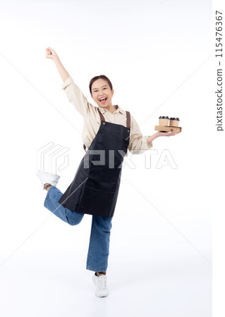 Portrait young asian woman barista holding a takeaway coffee cup with excited isolated. 115476367