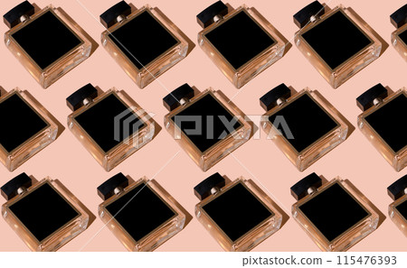 Fragnance parfume pattern. Bottles of black perfume on a pastel background, flat lay, top view. Mockup of fragrance perfume. Trendy sunlight minimal concept sadow. 115476393