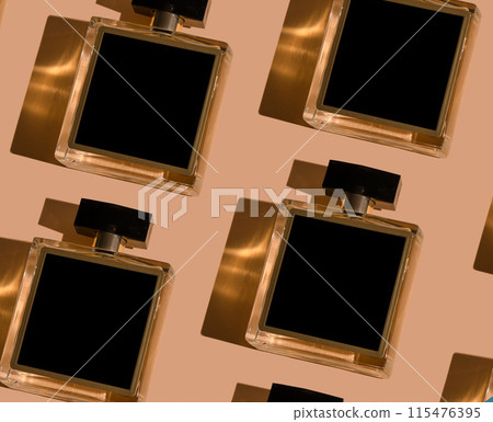 Fragnance parfume pattern. Bottles of black perfume on a pastel background, flat lay, top view. Mockup of fragrance perfume. Trendy sunlight minimal concept sadow. 115476395