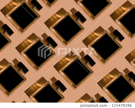 Fragnance parfume pattern. Bottles of black perfume on a pastel background, flat lay, top view. Mockup of fragrance perfume. Trendy sunlight minimal concept sadow. Fragnance parfume pattern. Bottles of black perfume on a pastel background, flat lay, top view. Mockup of fragrance perfume. Trendy sunlight minimal concept sadow. 115476396