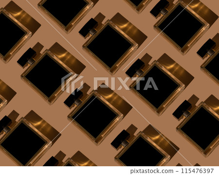 Fragnance parfume pattern. Bottles of black perfume on a pastel background, flat lay, top view. Mockup of fragrance perfume. Trendy sunlight minimal concept sadow. 115476397