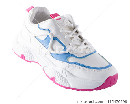 New white sneakers isolated. Fashionable sports shoes. Clean stylish shoe. 115476398