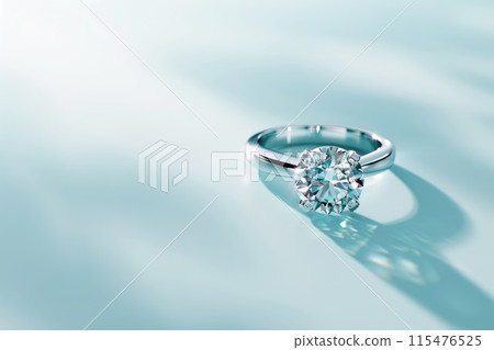 A diamond ring is on a table a bright background 115476525