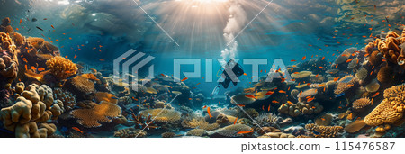 Selective focus of underwater photography, divers exploring colorful coral reefs and marine life. Selective focus of underwater photography, divers exploring colorful coral reefs and marine life. 115476587