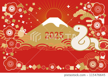 2025 年新年賀卡水平與蛇和富士山插圖 115476645