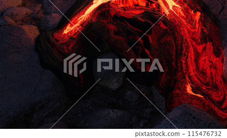 Molten Lava Flow Over Rocks at Night 115476732