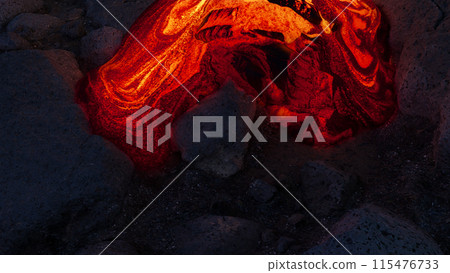 Glowing Molten Lava Flow on Rocky Surface 115476733