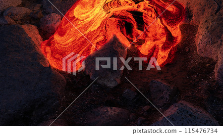 Glowing Lava Flowing Over Rocky Terrain at Night 115476734