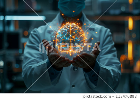 Selective focus of A doctor in a white coat holds out his hand with a glowing holographic brain model on his hand. In the background is a medical laboratory. 115476898