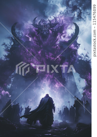Selective focus of Anime scene of a man in a black cloak with horns and glowing purple eyes standing on the ruins. Surrounded by large demon-like creatures. 115476899