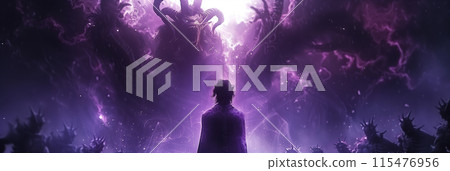 Selective focus of Anime scene of a man in a black cloak with horns and glowing purple eyes standing on the ruins. Surrounded by large demon-like creatures. 115476956