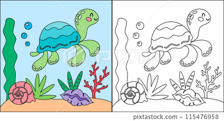 Cute cartoon turtle character. Undersea, marine life illustration. Sea animals coloring pages isolated on white background. Vector illustration 115476958